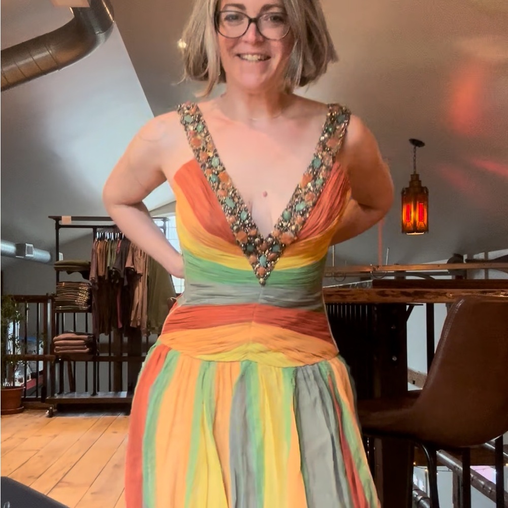 Beaded V-Neck Striped Midi Dress in Orange, Yellow & Green - Picture 14 of 15